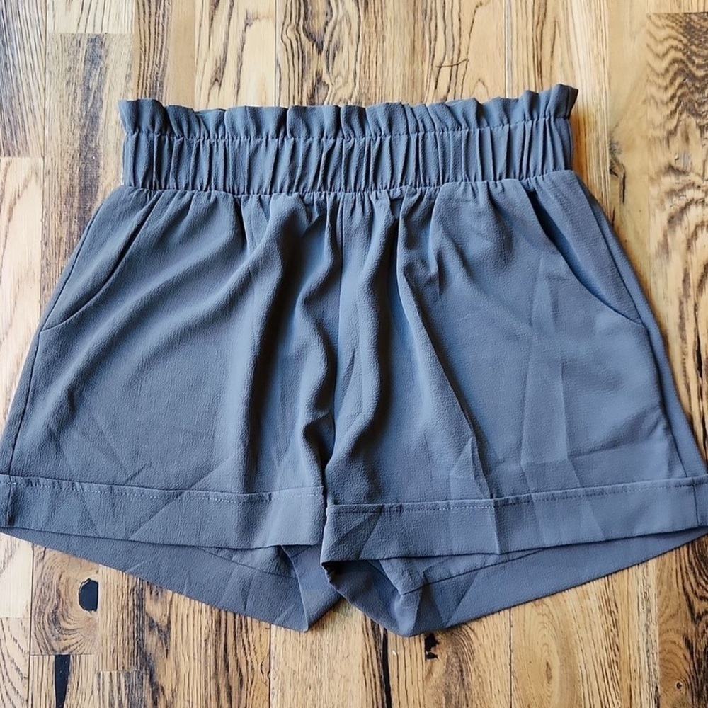 Tyche Paperbag High Waisted Chiffon Shorts in Slate Blue/Grey. Size: Large.